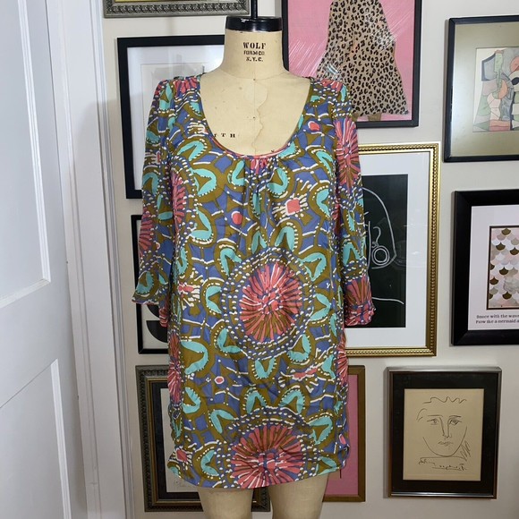 NWT Tibi NY 100% silk multicolor 3/4 sleeve sheer tunic top beach cover up sz M - Picture 2 of 9